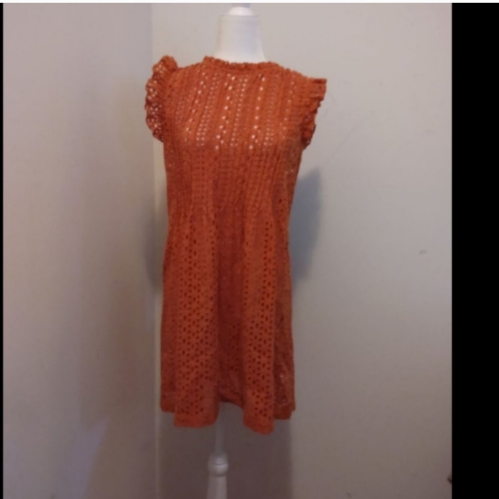 Madewell Womens Orange Ruffle Sleeve Eyelet Dress Sz S